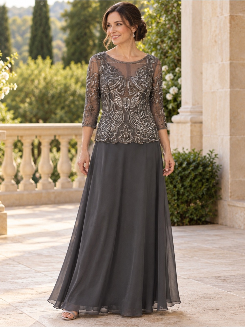 Pisarro Nights Beaded Mesh Bodice Maxi Skirt - Gray NWOT